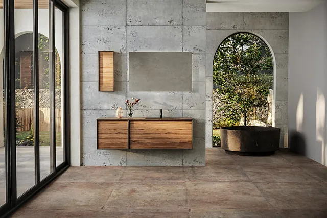 Azulejera Cerámica Cordobesa S.L. SERIE VULCANO; REVESTIMIENTO: Porcelánico Vulcano Ice Natural 99,55x99,55 cm. PAVIMENTO: Porcelánico Vulcano Rosso Natural 99,55x99,55 cm.