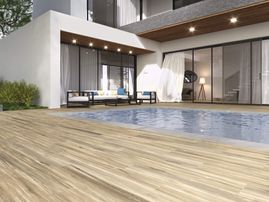 SERIE WORK: PAVIMENTO: Anti-slip Work b Cenere rect 60x120 cm. Peldaño recto ant. c3 work b Cenere 33x120 cm. Villena blue 15x15 cm
