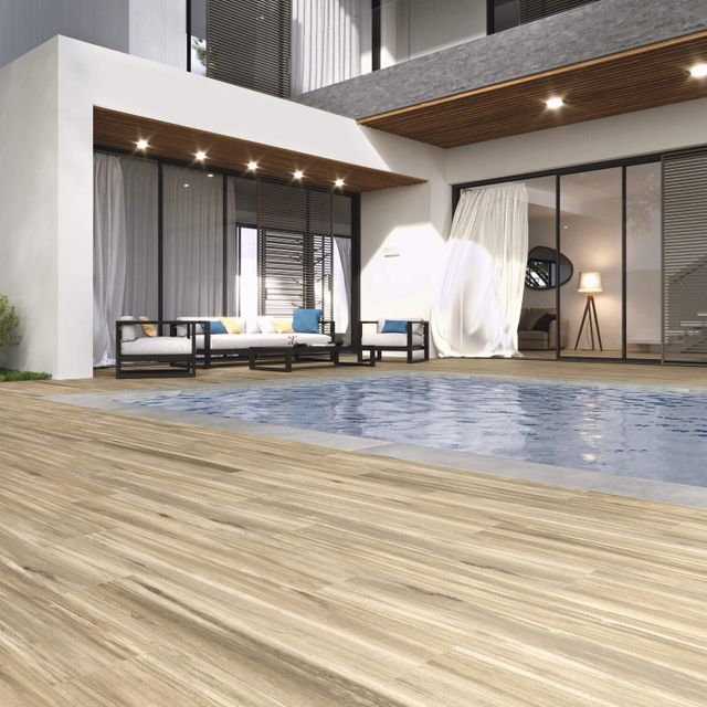 SERIE WORK: PAVIMENTO: Anti-slip Work b Cenere rect 60x120 cm. Peldaño recto ant. c3 work b Cenere 33x120 cm. Villena blue 15x15 cm