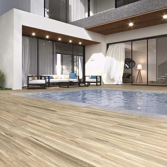 SERIE WORK: PAVIMENTO: Anti-slip Work b Cenere rect 60x120 cm. Peldaño recto ant. c3 work b Cenere 33x120 cm. Villena blue 15x15 cm