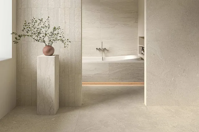 Azulejera Cerámica Cordobesa S.L. REVESTIMIENTO: Porcelánico 99,55x99,55 cm Tivoli Ivory Vein-Cut, Tivoli Ivory Cross-Cut Natural, porcelánico 59,55x59,55 Tivoli Ivory Cross-Cut Precorte Natural. PAVIMENTO: Porcelánico Tivoli Ivory Cross-Cut Natural 99,55 x 99,55 cm